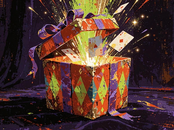 Spr&aelig;ngt orange gave&aelig;ske med gr&oslash;nt lys og spillekort, der illustrerer bonus buy-slots hos Jokery Casino