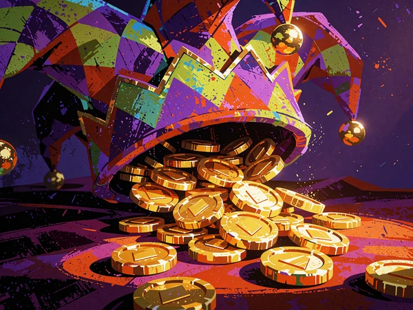 Jesterhat i lilla, gr&oslash;n og orange fyldt med guldm&oslash;nter - illustration til Clown Coins-slotten hos Jokery Casino