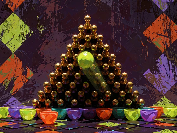 Pyramide af messingpinde med en gr&oslash;n kugle, der hopper nedad - illustration til Plinko og Mines hos Jokery