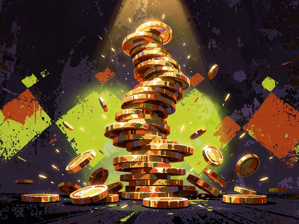 Sk&aelig;vt t&aring;rn af guldm&oslash;nter i gyldent spotlys, der illustrerer jackpot-spillene i Jokery Casinos spilbibliotek