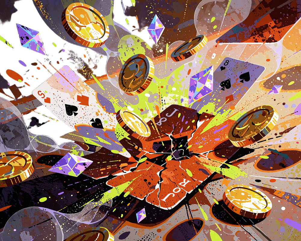 Eksplosion af guldm&oslash;nter, violette diamantsplinter og spillekort, illustration til Drops & Wins hos Jokery Casino